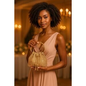 Sparkling Champagne Gold Rhinestone Bucket Evening Purse Top Handle Glam Party